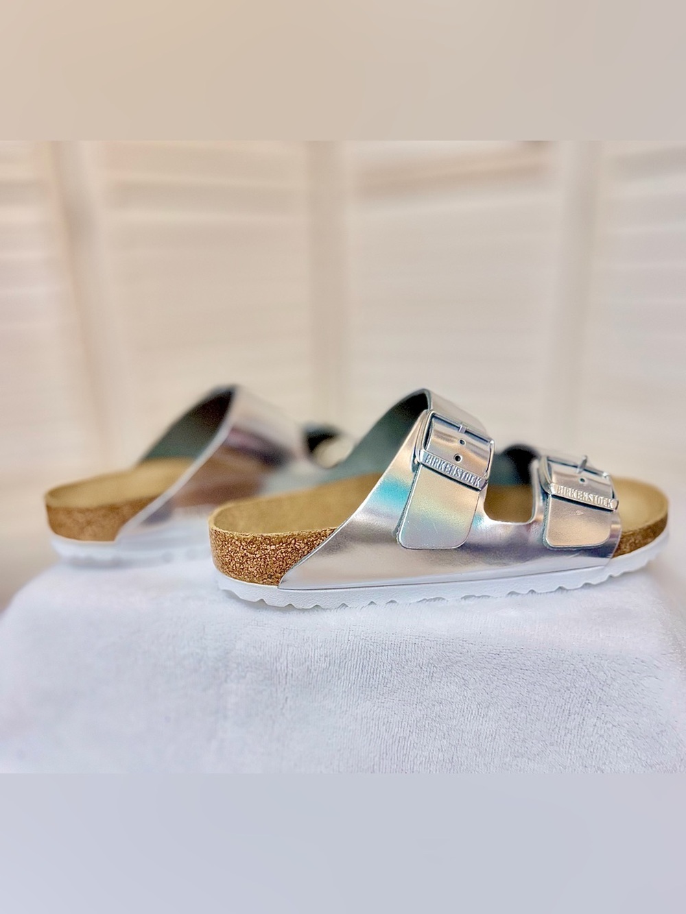 Birkenstock Silver Two-Buckle Sandals with Cork Arizona Soft Footbed Sz 37 NWT